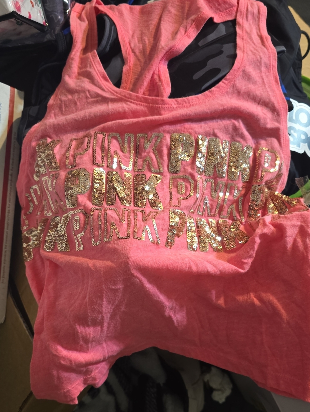 PINK Victoria's Secret Coral-Pink Sequin Logo Tank